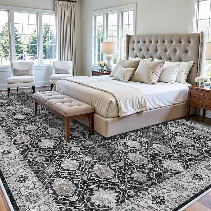 Vintage 10x14 Washable Area Rug: Large Living Room Rugs Indoor Soft Stain Resistant Carpet with Non-Slip Backing for Bedroom Dining Room Farmhouse Low Pile Floor Mat for King Size Bed (10x14 Black)