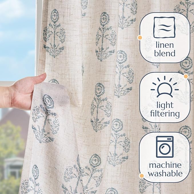 jinchan Linen Floral Curtains for Living Room 84 Inch Length Blue Flower Cottage Core Farmhouse Curtains Rod Pocket Back Tab Boho Semi Sheer Window Drapes Bedroom Set 2 Panels Blue on Beige