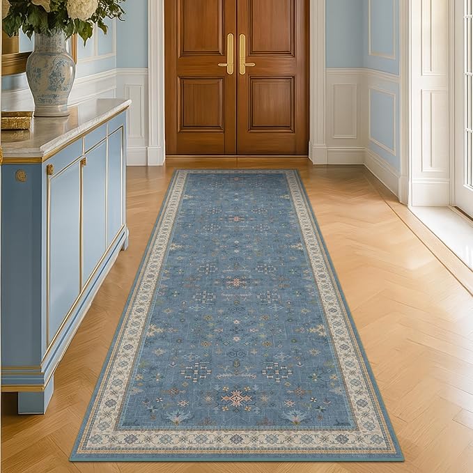 Hazo Haus Light Blue 2x8 Long Washable Runner for Hallway - Boho Non Slip Door Mats Indoor Entrance, Vintage Floral Runner Rugs for Kitchen Non Skid, Low Pile & Soft Indoor Décor