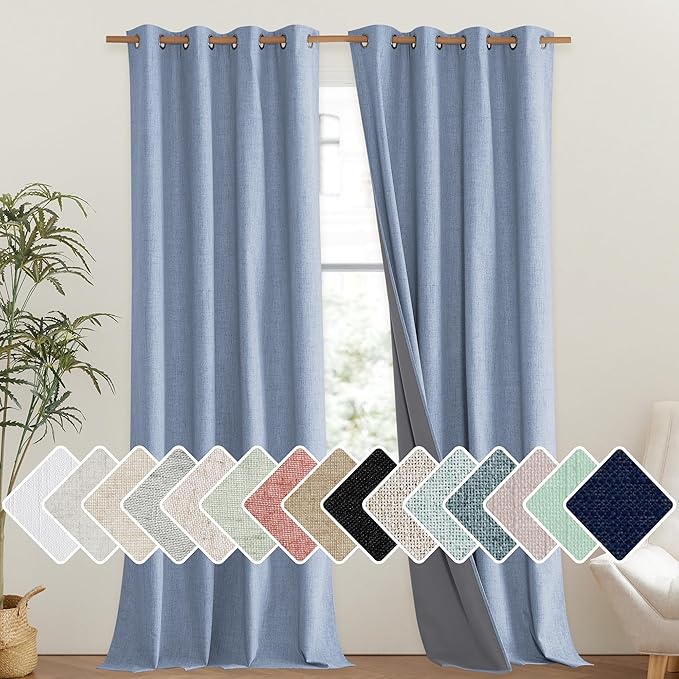 NICETOWN Stone Blue Vintage Linen 100% Blackout Curtains for Living Room, Thermal Insulated Curtains 102" Long, Noise Reducing Window Treatment Drapes for Hall Room, 52" Wide Per Panel, Set of 2