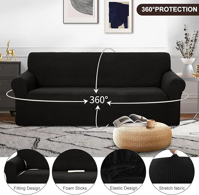 U-NICE HOME Stretch Couch Cover Sofa Cover Sofa Slipcover Furniture Protector for 3 Cushion Couch Sofa Pet Friendly(Sofa, Black)