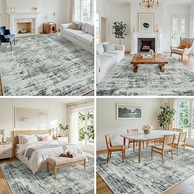 8x10 Area Rugs for Living Room Washable Rug: Anti-Skid Abstract Modern Living Room Rug Soft Thin Carpets Indoor Floor Non-Shedding Carpet for Bedroom Dining Farmhouse Nursery Black Gray Gold