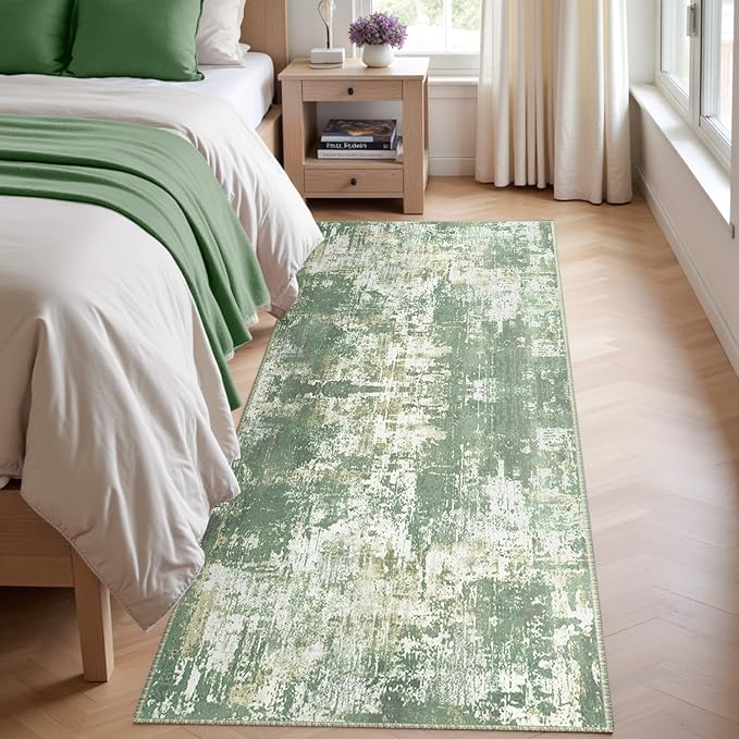 Washable Area Rugs 2'x10' Non-Slip Modern Abstract Soft for Living Room Entryway Bedroom Nursery, Print Pattern, Light Green/Yellow