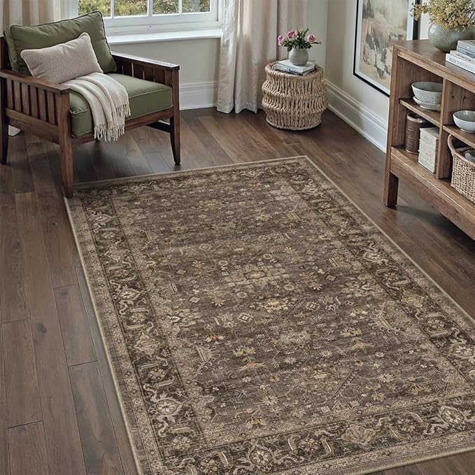 3x4 Washable Area Rug for Entryway Vintage Brown Non Slip Low Pile Carpet Traditional Retro Soft Throw Rug for Entrance Bathroom Door Mat Indoor Dorm Dining Room