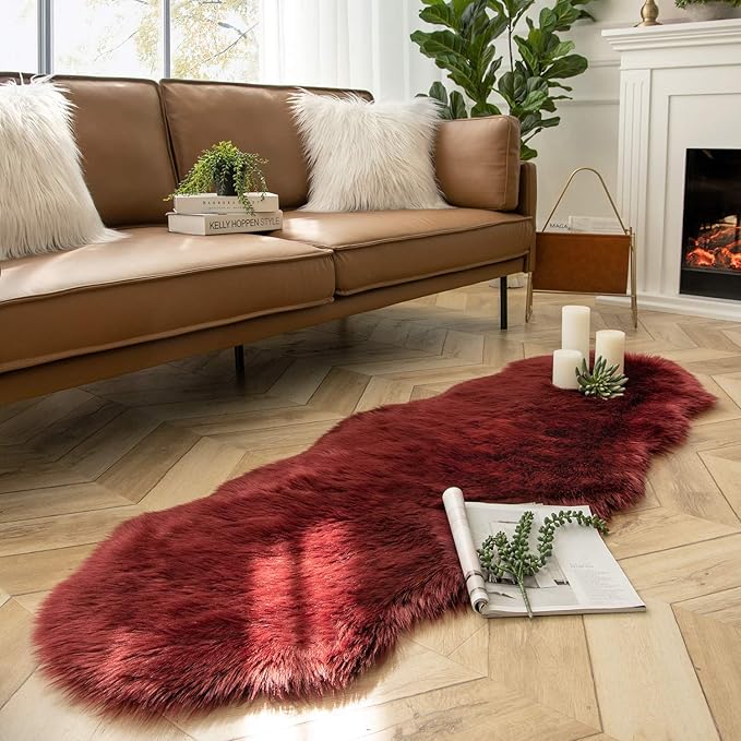 Ashler Faux Fur Rug, Deep Red Area Rugs, Fluffy Sheepskin Fur Rug, Fuzzy Ultra Soft 2 x 6 Ft Rugs, Machine Washable Shag Rug, Nursery Throw Rugs for Bed, Living Room