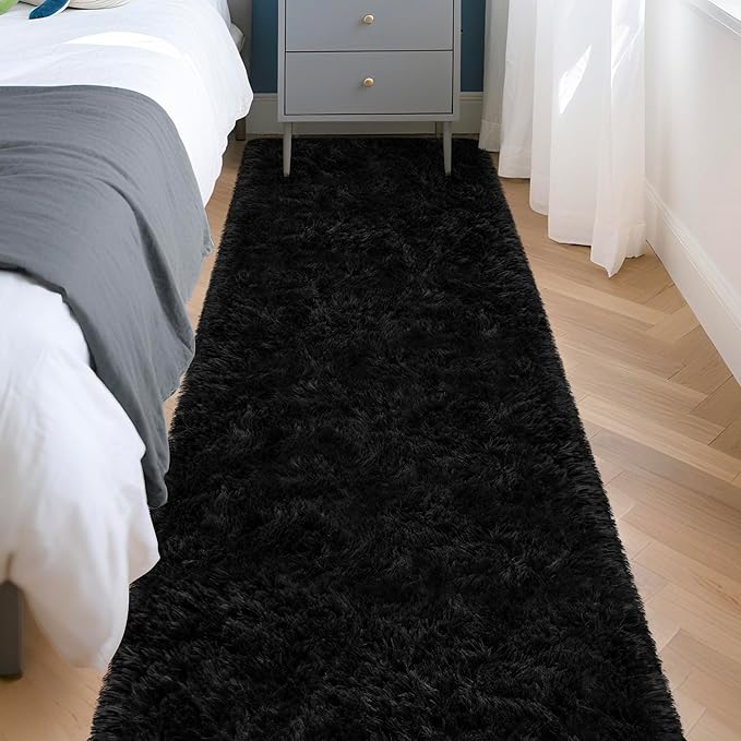 2x8 Bedside Area Rugs for Bedroom Soft Fluffy Shag Black Rug for Hallway Non-Slip Fuzzy Plush Living Room Rug Indoor Floor Carpet for Kids Rooms Dorm Nursery Modern Home Aesthetic Decor