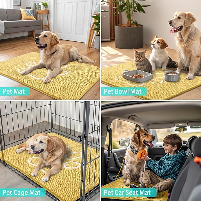 Smiry Dog Door Mat for Muddy Paws, Absorbent Dirt Trapper Non Slip Quick Dry Washable Chenille Mat for Mud Dogs, Entry Rug for Indoor and Outdoor (48x30 Inches, Yellow and White)