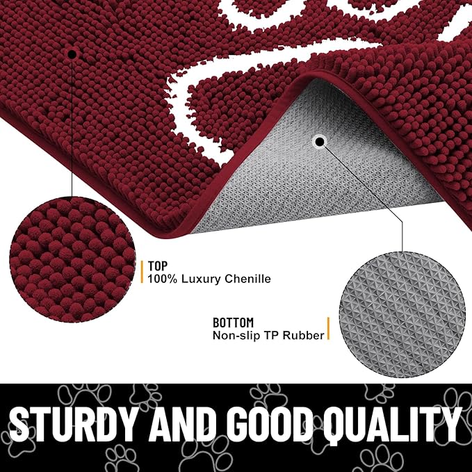 Smiry Dog Door Mat for Muddy Paws, Absorbent Dirt Trapper Non Slip Quick Dry Washable Chenille Mat for Mud Dogs, Entry Rug for Indoor and Outdoor (24x16 Inches, Burgundy and White)