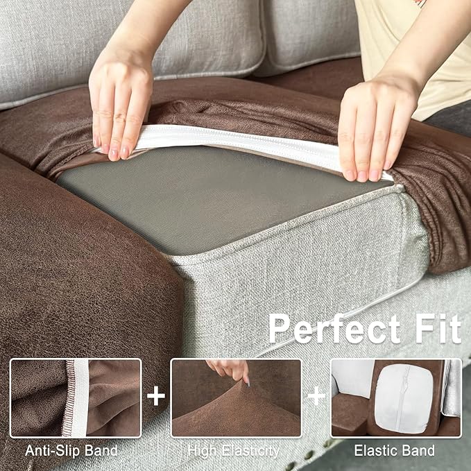 Leather Look Couch Cushion Covers Sofa Seat Slipcovers Sets Couches Furniture Protector for Sectional Armchair Loveseat Pets Kids Stretch Spandex Fabric (1 Cushion Sofa, Brown)