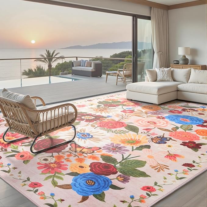 Light Pink Area Rugs 10x14 Living Room, Non Slip Machine Washable Floral Rugs, Low Pile Lightweight Large Rug for Bedroom, Dining Room, Home Office(Light Pink, 10 x 14)