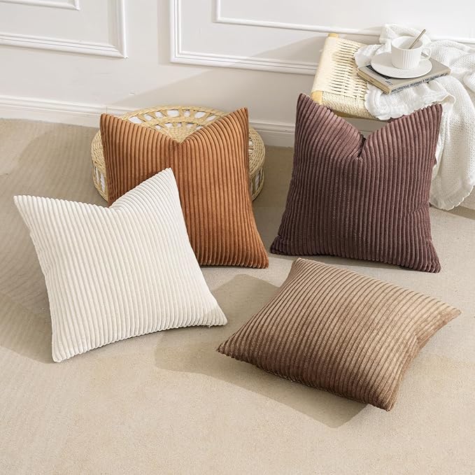 MIULEE Boho Farmhouse Throw Pillow Covers 20x20 Inch Set of 4 Rustic Mordern Neutral Cushion Covers Soft Corduroy Nordic Home Decor for Couch Bed Sofa Living Room Brown