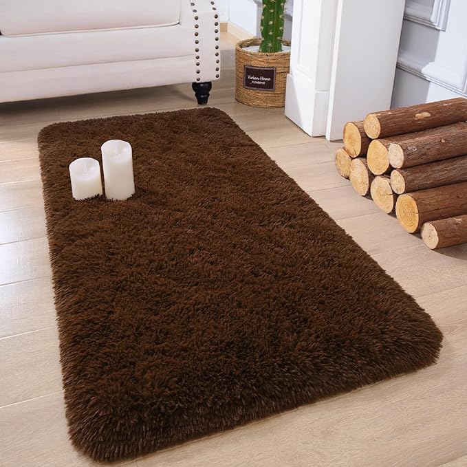 Chicrug Soft Runner Rug for Bedroom Living Room Plush Fluffy Rugs 2x4 Feet, Shag Furry Runner Carpet Non Shedding for Nursery Children Kids Girls Room Home Decorative, Coffee