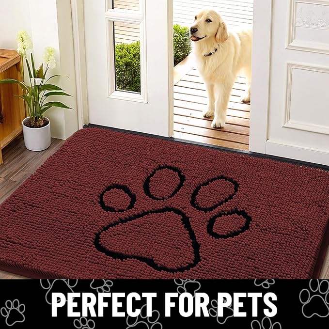 Smiry Dog Door Mat for Muddy Paws, Absorbent Dirt Trapper Non Slip Quick Dry Washable Chenille Mat for Mud Dogs, Entry Rug for Indoor and Outdoor (30x20 Inches, Caramel Russet and Black)