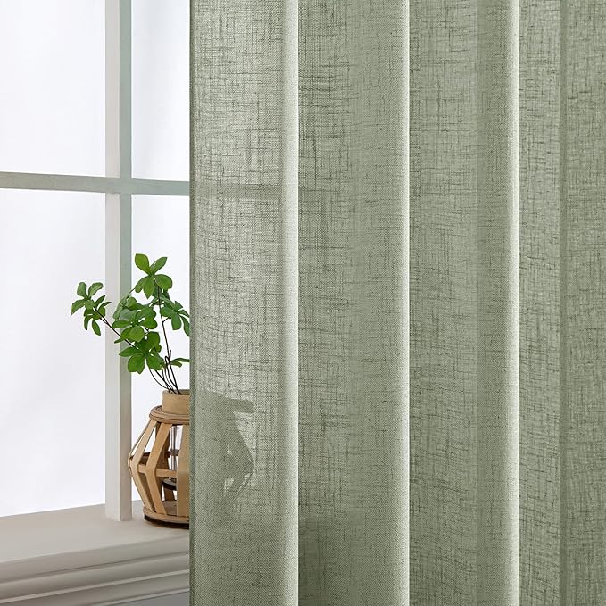 MIULEE Sage Linen Curtains 72 Inch Length 2 Panels for Bedroom Living Room,Green Soft Thick Linen Textured Window Drapes Semi Sheer Light Filtering Back Tab Rod Pocket Burlap Look Decor