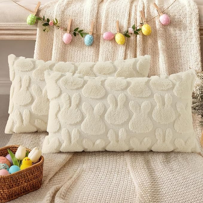 decorUhome Easter Bunny Pillow Covers 12x20 Inch Set of 2, Soft Plush Faux Wool Jacquard Beige Rabbit Cushion Covers, Farmhouse Neutral Spring Easter Holiday Decor for Couch Sofa Bed