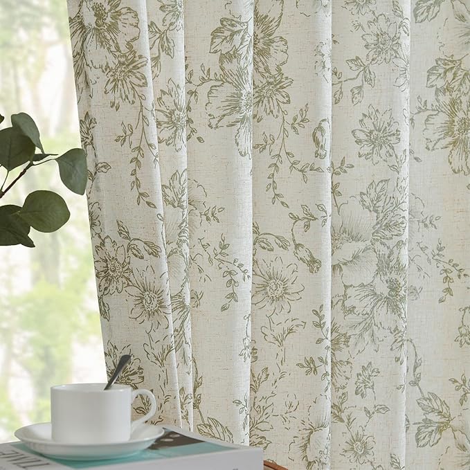 jinchan Linen Blend Floral Curtains for Living Room 90 Inches Extra Long Farmhouse Printed Curtain Back Tab Green Peony Flower Patterned Drapes Bedroom Window Curtains Set 2 Panels