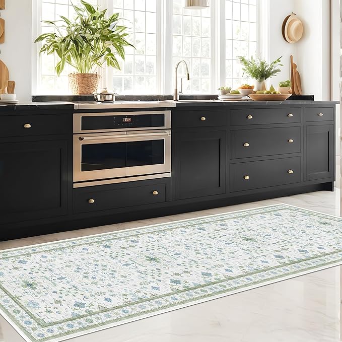 Hazo Haus Oushak Runner 2x10 Hallway Rug - Floral Pastel Boho, Washable Low Pile Non Slip Extra Long Runner Rugs for Kitchen, Hall Way - Cream Blue and Green