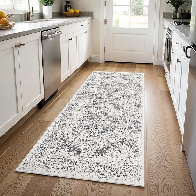 3x8 Washable Hallway Runner Rug - Non Slip Kitchen Runner Rugs with Rubber Backing Vintage Low-Pile Carpet Runners for Entryway Dining Room Laundry Room Home Decor (Distessed Grey)