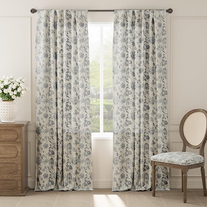 jinchan Linen Floral Curtains for Living Room with Printed Flower 96 Inches Long Light Filtering French Country Back Tab Rod Pocket Black Window Curtain Set Farmhouse Drapes 2 Panels Black