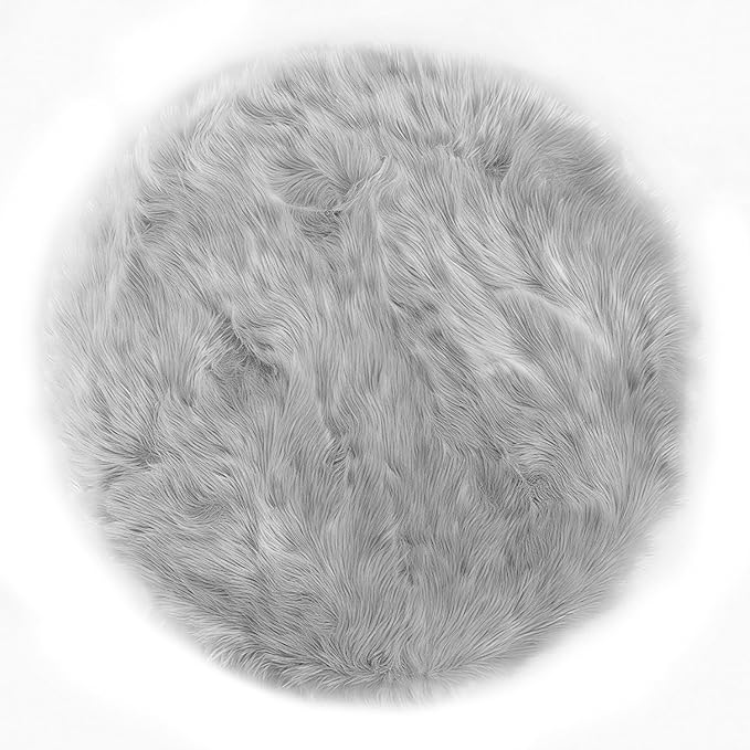 Latepis Round 3ft Small Fur Rug Grey Fluffy Faux Sheepskin Cute Circle Rugs for Bedroom Washable Furry Rug Home Décor