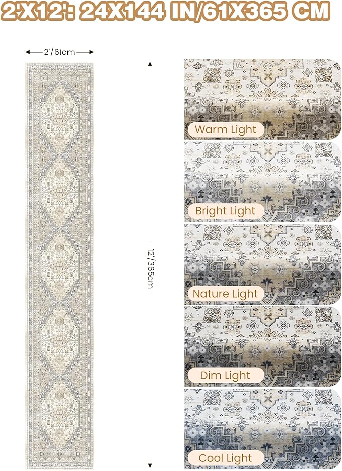 Hallway Runner Rug 2x12, Extra Long Washable Runner Rugs with Rubber Backing, Non Slip Runner, Vintage Rug Runners for Kitchen Laundry Room Entryway (Beige,2'x12')
