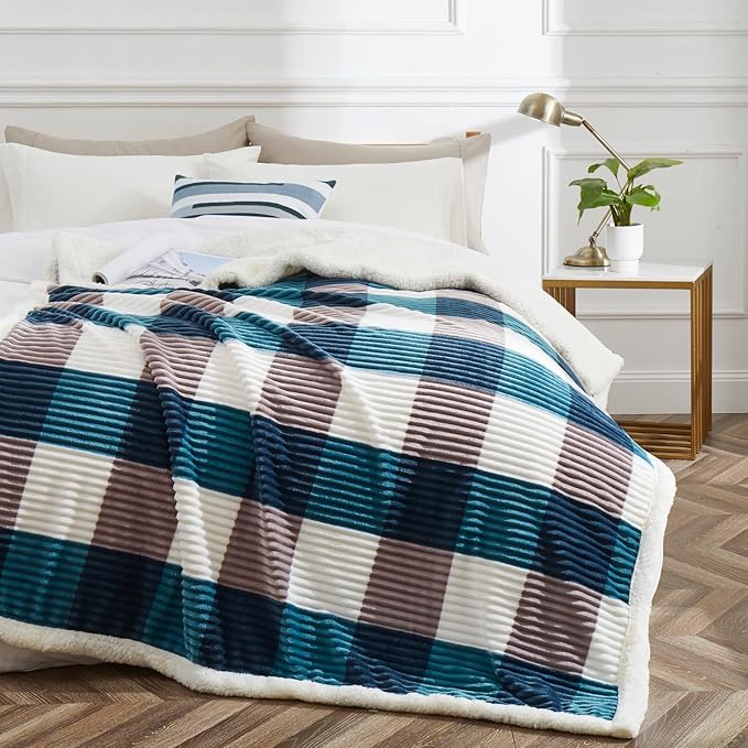 PU MEI Sherpa Blanket Twin Plaid Thick Bed Blanket, 60”*80” Super Soft Flannel Fuzzy Fleece Reversible Velvet Plush Warm Blanket for Couch (Teal Check, 60"*80")