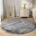 Goolela Grey Round Rug 4ft Fluffy Circle Fuzzy Furry Carpet for Bedroom Bedside Living Room Faux Sheepskin Fur Plush