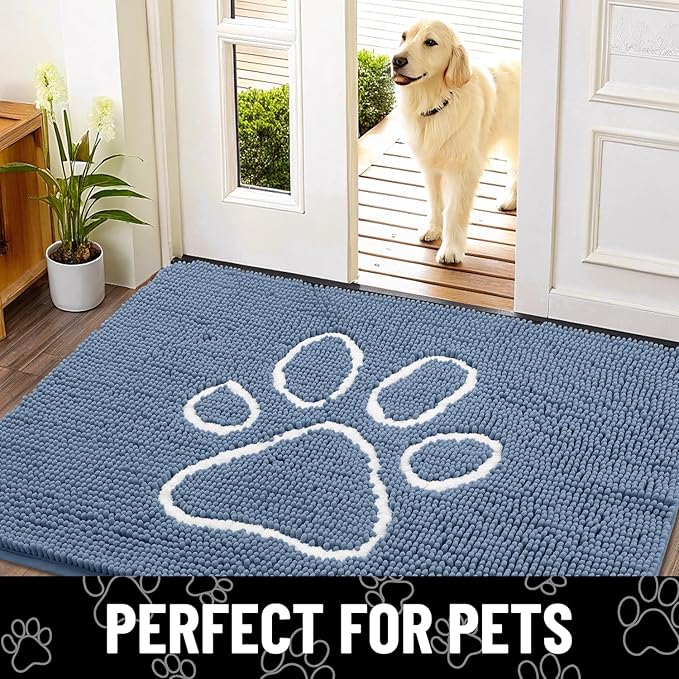 Smiry Dog Door Mat for Muddy Paws, Absorbent Dirt Trapper Non Slip Quick Dry Washable Chenille Mat for Mud Dogs, Entry Rug for Indoor and Outdoor (48x30 Inches, Airy Blue and White)