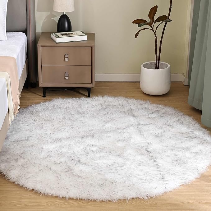 Goolela Round Sheepskin Rug 5ft Fluffy Circle Fuzzy Faux Fur Rug for Bedroom Living Room Plush Soft Washable - White with Grey Tips