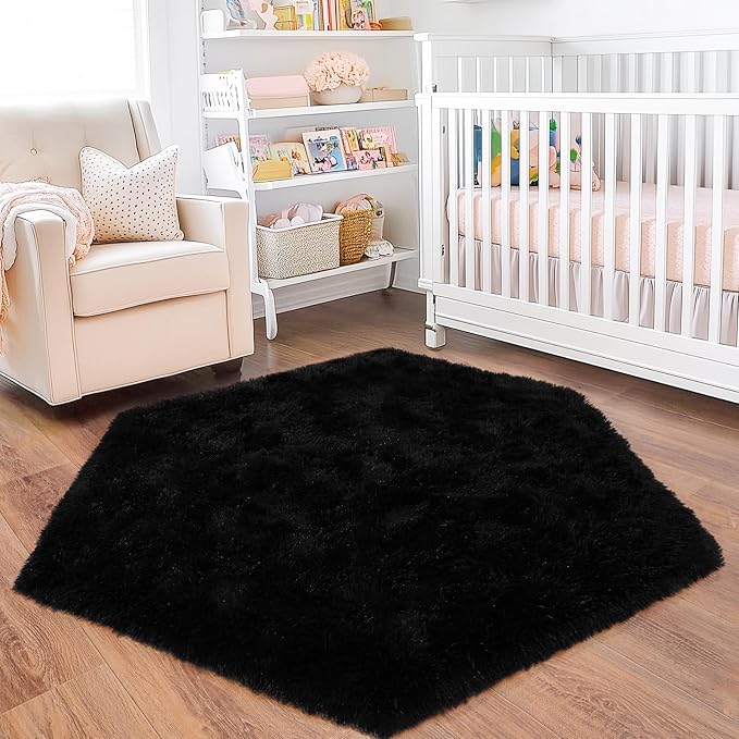 4x4.6 Feet Black Hexagon Rugs for Bedroom, Ultra Soft Fluffy Hexagon Area Rug for Kids Room, Cute Shag Rugs for Boys Girls Room, Fuzzy Plush Carpet for Tent Castle Home Decor