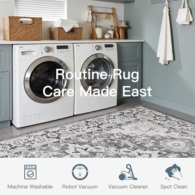 Lofus 8x10 Area Rugs for Living Room, Washable Area Rug, Rugs for Bedroom, Kitchen, Vintage Boho Carpet, Soft Non-Slip, Low Pile Large Area Rug for Office Dining Room, Floral Grey