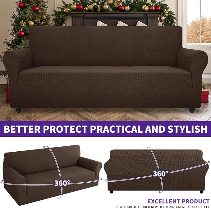 ZNSAYOTX Super Stretch Couch Cover (72"-92") Universal Sofa Covers with Elastic Bottom, Dog Cat Pets Friendly Washable Furniture Protector Fitted Sofa Slipcovers Stay in Place (Coffee, Sofa)