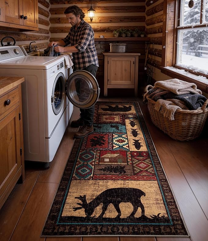 Rustic Cabin Hallway Runner Rug 2'8"x8' - Bear Washable Rug, Non-Slip Low Pile Soft Farmhouse Carpet, Southwestern Wildlife Print Floor Runner Rugs for Kitchen, Entryway, Laundry, Bedroom