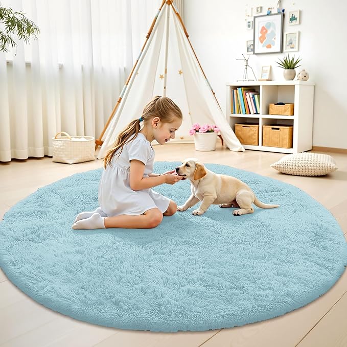 OLANLY Light Blue Round Rugs for Bedroom - Machine Washable, 6 ft Circle Area Rugs for Living Room, Soft and Fluffy Shaggy Carpet for Teen Girl and Boys, Nursery Rooms, Dorms, Home Decor Aesthetic