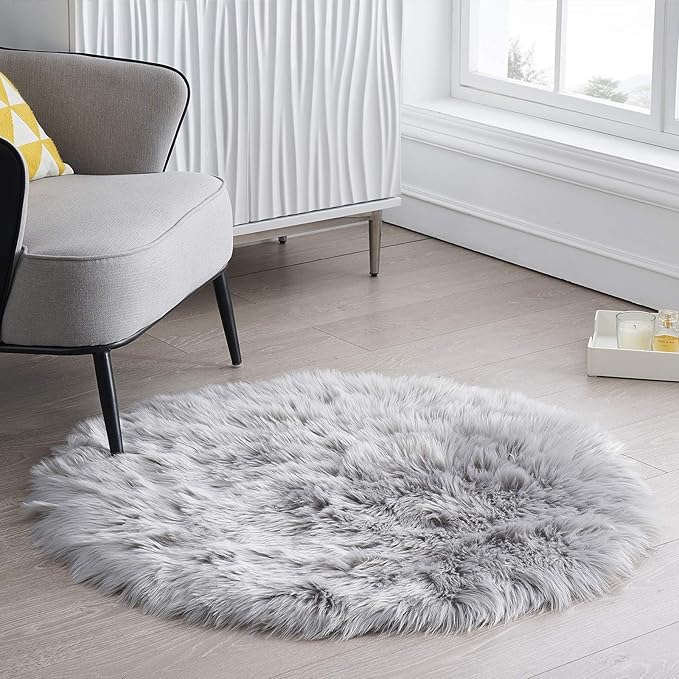 Ciicool Round Fur Fluffy Area Rug for Bedroom, Grey Faux Fur Rugs Furry Circle for Kids Room, Cute Furry Nursery Carpet, Plush Shag Circular Rugs Floor Carpets 3x3 Ft