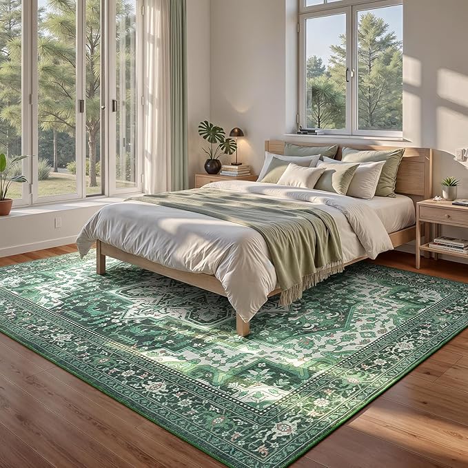 Rugflix 3x5 Area Rugs for Living Room, Machine Washable Rug Non Slip Stain Resistance, Small Rug Vintage Distressed Soft Carpet for Bedroom, Dining Room, Home Office, Green