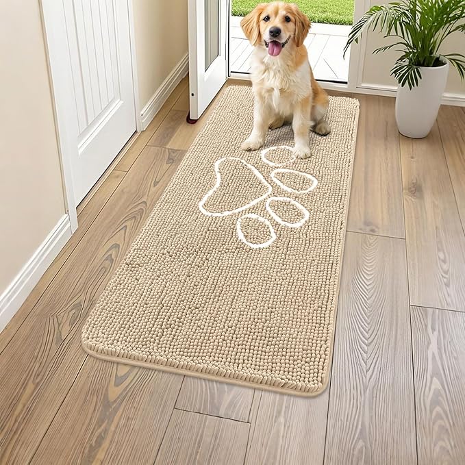 Smiry Dog Door Mat for Muddy Paws, Absorbent Dirt Trapper Non Slip Quick Dry Washable Chenille Mat for Mud Dogs, Entry Rug for Indoor and Outdoor (44x24 Inches, Beige and White)