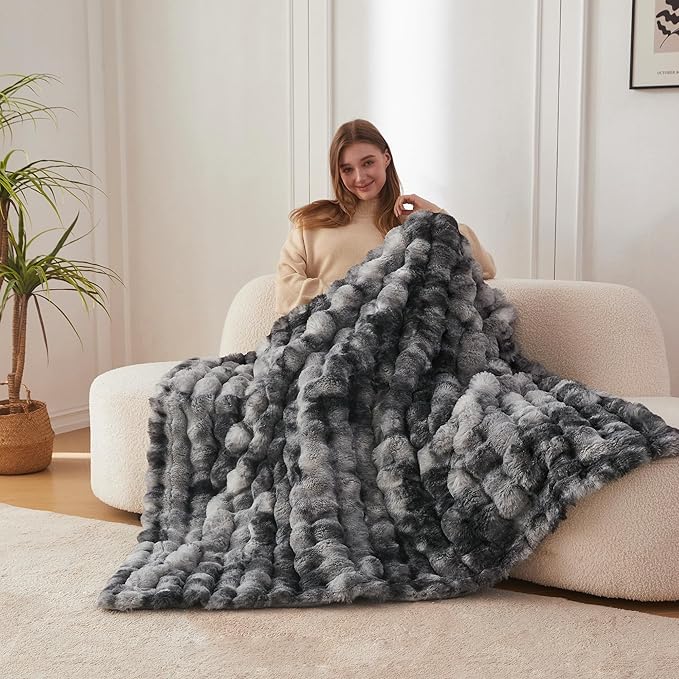 COOVA Faux Fur Throw Blanket for Couch, Cozy Soft and Fuzzy Plush Rabbit Fur Bubble Blanket for Sofa Bedroom Living Room, 50x60 Inches Tie Dye Light Grey