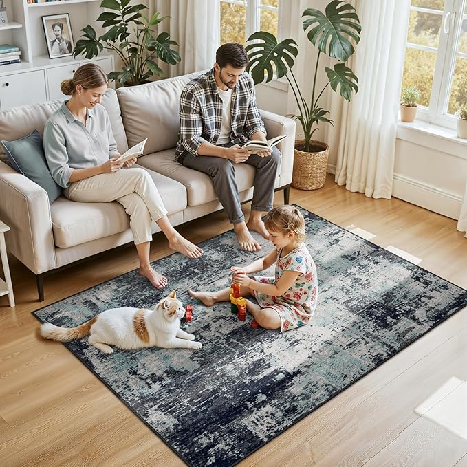 Washable Area Rugs 4'x6' Non-Slip Modern Abstract Soft for Living Room Entryway Bedroom Nursery, Print Pattern, Blue Black Teal