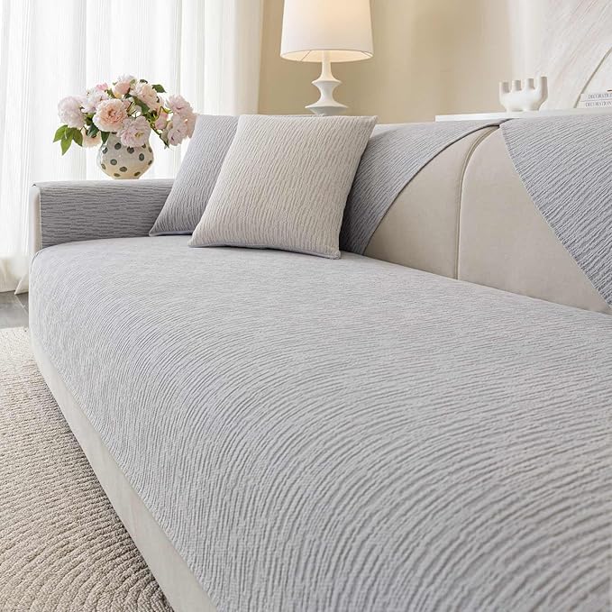 Soft Waterproof Chenille Cover Washable, Non Slip Sectional Sofa Covers for 3 Cushion Couch Sofa L Sharped Sofa Slipcover for Pets, Furniture Protector (1 PCS 36"x82" Light Grey)
