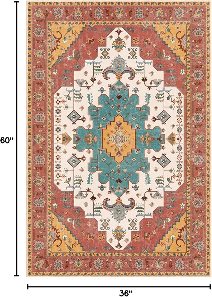 SERISSA Area Rug 3x5 Boho Orange Rugs for Bedroom, Washable Kitchen Rugs Non-Slip, Ultra Soft Print Distressed Vintage Entry Rug Low-Pile Throw Rug Carpet for Nursery Living Room Dorm Decor