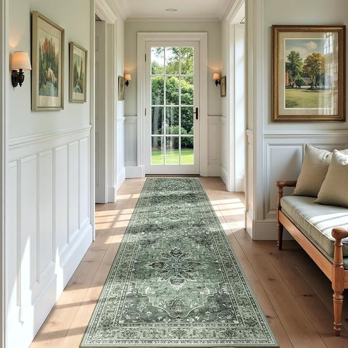 RELEANY Area Rugs 3'x9' Runner Rug Non Slip Washable for Kitchen Hallway Bedroom Beside Laundry Room Bathroom Rug, Floor Carpet, Dark Green Gray