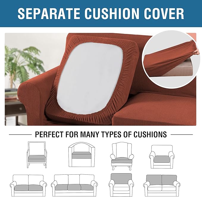H.VERSAILTEX 3 Piece Stretch Sofa Covers for 2 Cushion Loveseat Couch Covers for Living Room Sofa Slipcovers (Base Cover Plus 2 Seat Cushion Covers) Thicker Jacquard Fabric(Medium Sofa, Rust)