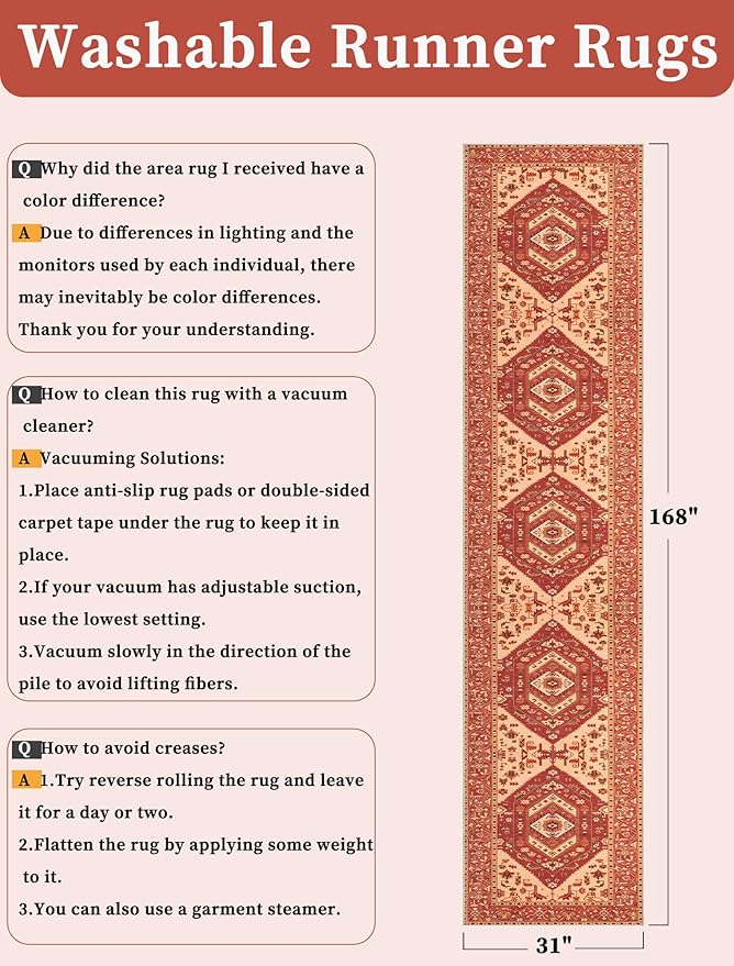 SERISSA Runner Rug for Hallways, 2'6"x14' Washable Non Slip Kitchen Runner Rug, Extra Long Boho Rug Ultra Soft Vintage Red Print Floor Carpet for Bedroom Hallway Entryway Bathroom Laundry Room