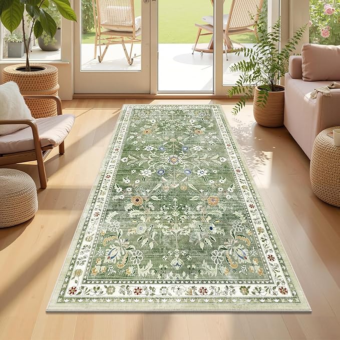 Yamaziot Washable Runner Rug 2x4 – Non Slip Boho Floral Hallway Runner Rug with Rubber Backing, Low Pile Faux Wool Distressed Carpet for Kitchen, Laundry, Bedroom, Entrance, Green