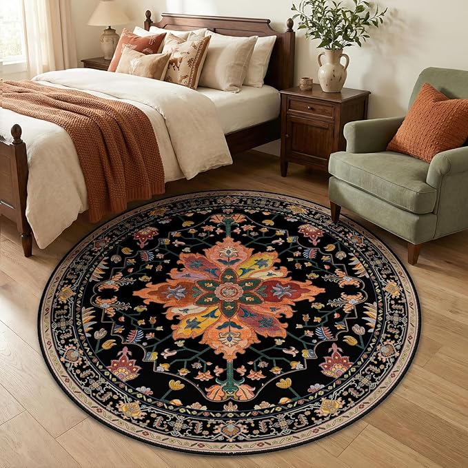 RELEANY Area Rugs 5ft Washable Non-Slip, Floral Vintage Distress Print Pattern Medallion Carpet for Living Room Bedroom Dining Room, Black Colorful Floral Dark Tan