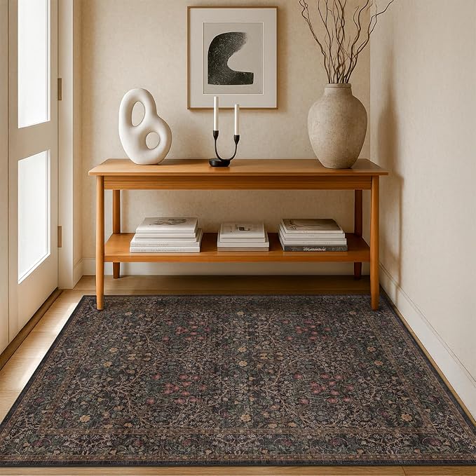 Washable Dark Brown 4x6 Area Rugs for Living Room, Bedroom Bedside Rug, Kitchen, Mudroom, Home Office, Non-Slip Low Pile Ultra Soft Stain Resistant, Small Vintage Taupe Accent Botanical Floral Carpet