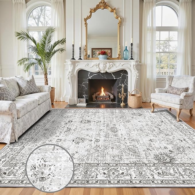 Grey White Area Rugs 9x12 Living Room, Washable Rug Non Slip Floral Low Pile Large Rug for Living Room, Bedroom, Farmhouse, Dining Room, Kids Playroom(9 x 12, Grey White)