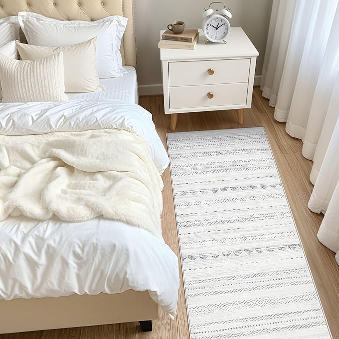 Nakagishi Runner Rug Kitchen Washable Rugs: 3x8 Non-Slip Boho Soft Modern Stain Resistant Indoor Floor Neutral Farmhouse Throw Carpet for Hallway Bathroom Laundry Room Entryway Bedroom- Grey