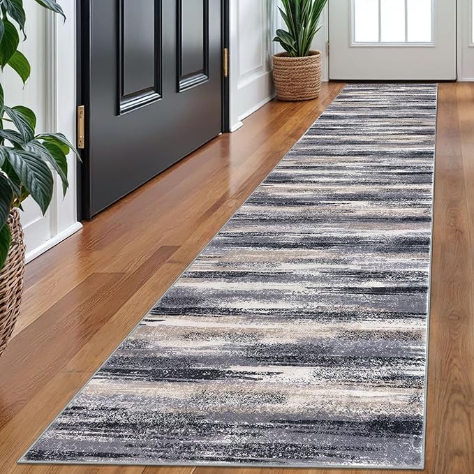 Lansny Modern Abstract Runner Rug 2x10, Grey Black Multi Washable Long Kitchen Runner Non-Slip Soft Hallway Rug Runner Thin Print Faux Wool Carpet for Entryway Bedroom Laundry Room Indoor Home Decor